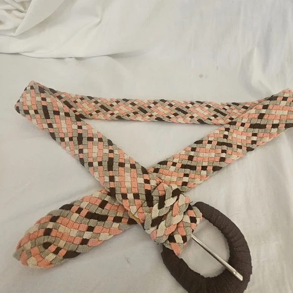 Woven Multicolor Rope Belt with Round Buckle - Brown, Coral, Cream - Picture 3 of 5